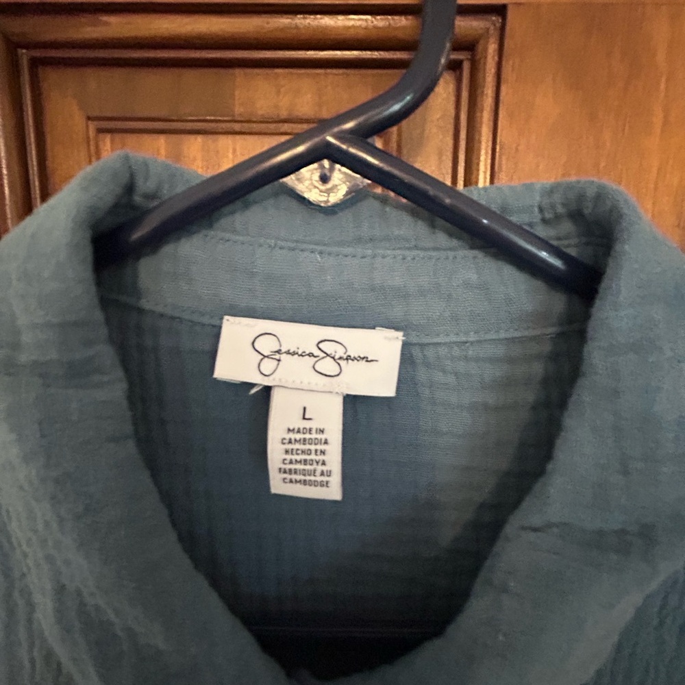 Jessica Simpson Button-Up Shirt. Blue/Green/Gray Teal color - Picture 2 of 4